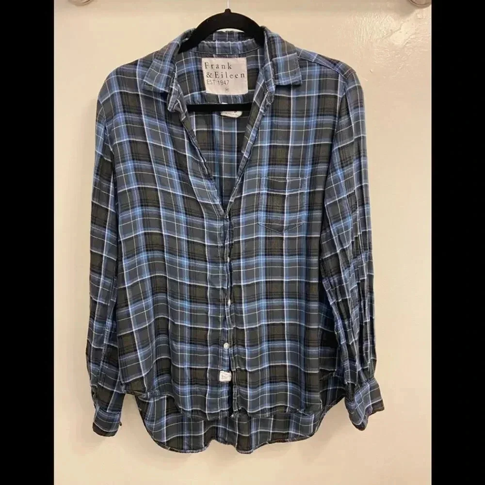 Frank & Eileen Long Sleeve Blouse Blue & Gray Plaid Size Extra Small - Picture 1 of 4